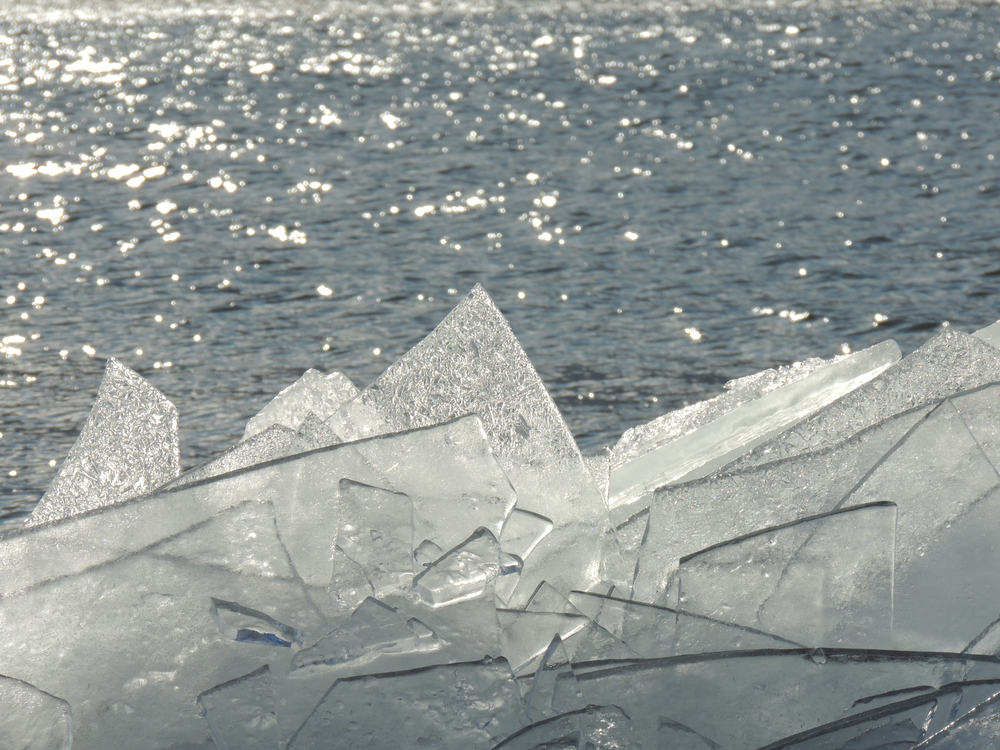 Close-up of thin sheets of ice piling up on Lake Superior.