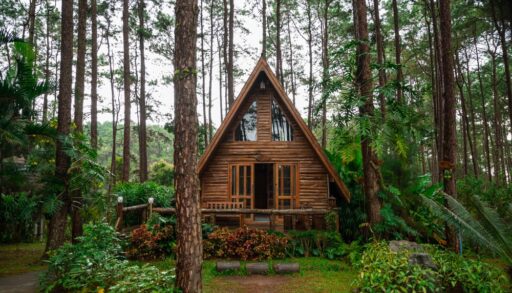 Triangle wood cabin in the forest in the rainy season.