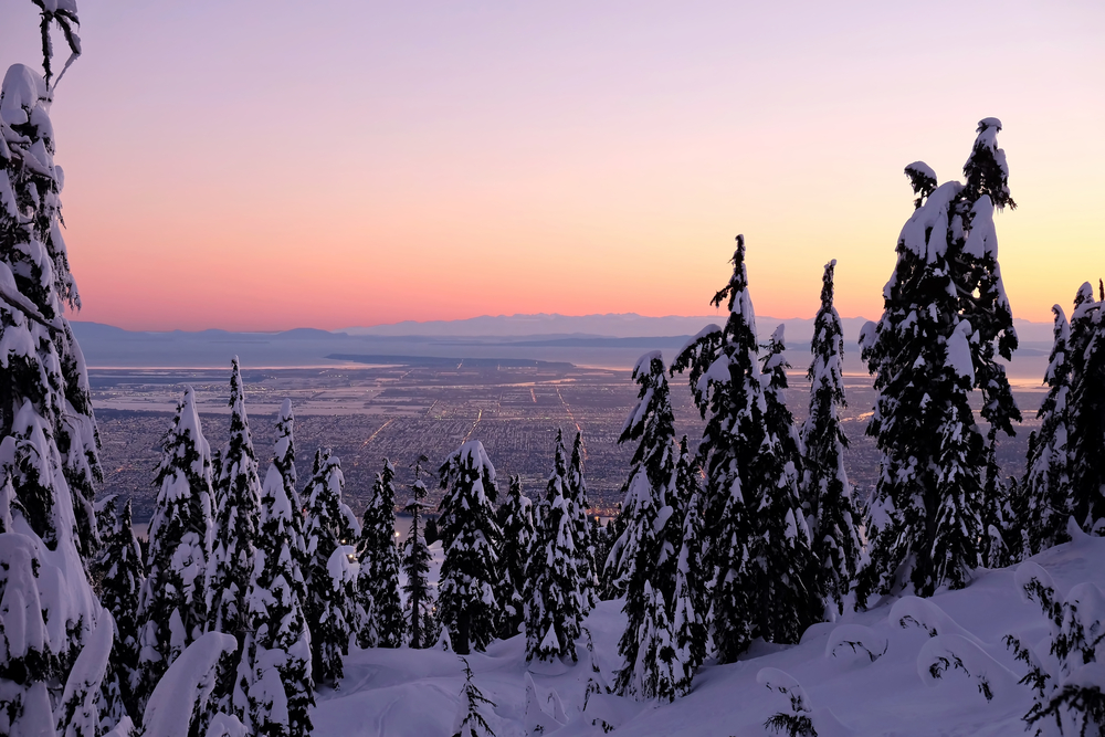 View from atop Grouse Mountain at sunset.
