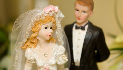 Close-up of bride and groom cake toppers.