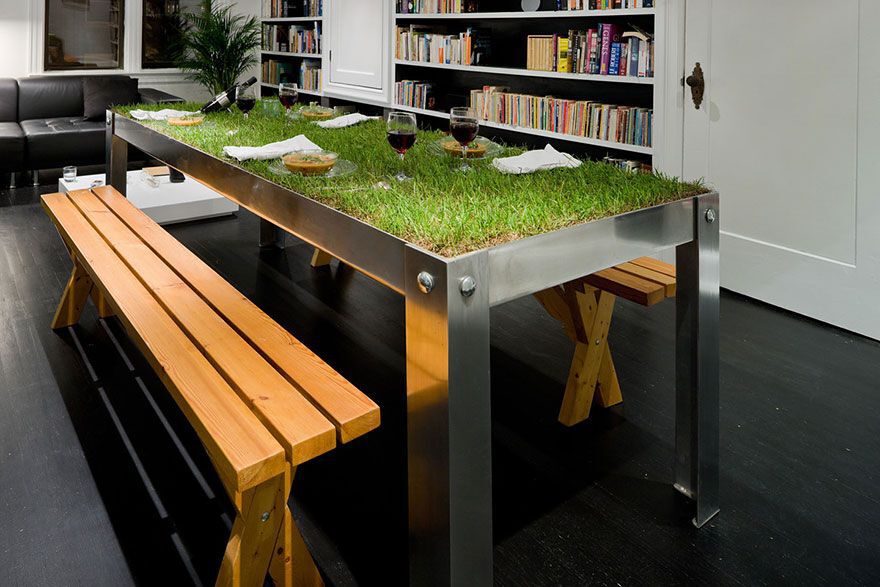 A table with a grassy top