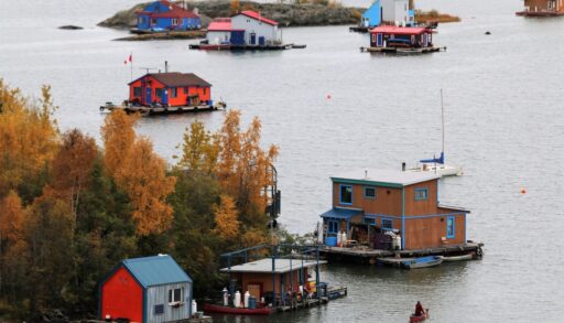 Colorful house boats floating on a lake that has the occasional tree in autumn.