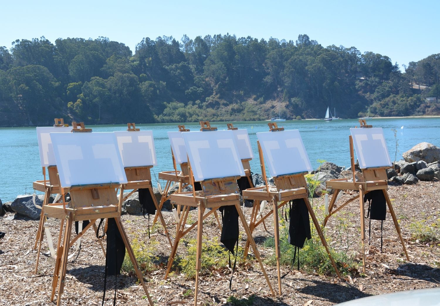 Easels in front of a river