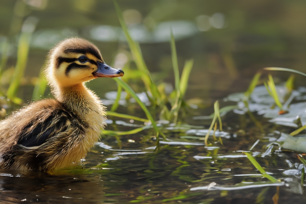 Duckling swimming in a shallow pond with green grass poking through.