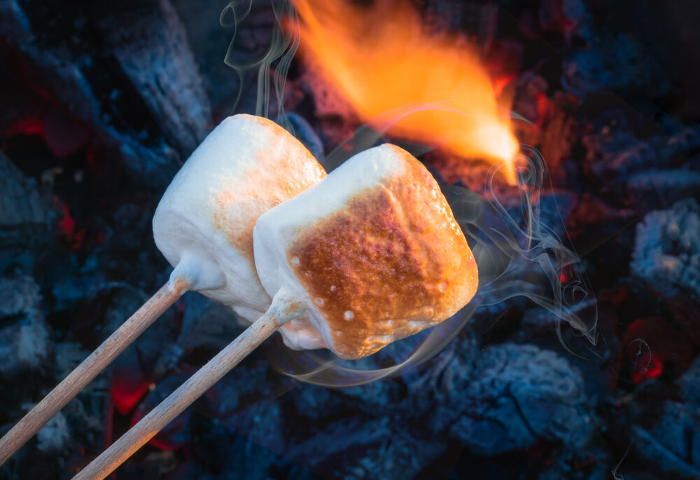 Close-up of two marshmallows being roasted over a campfire.