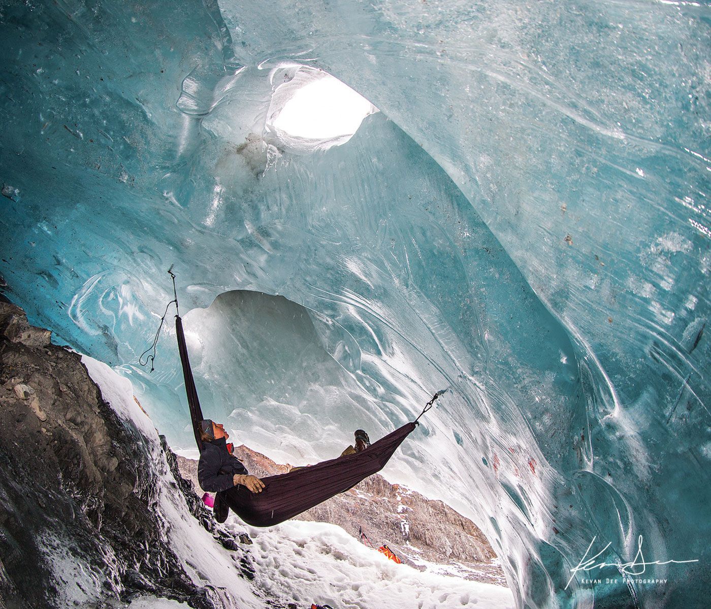 Hammock strung up in ice cave