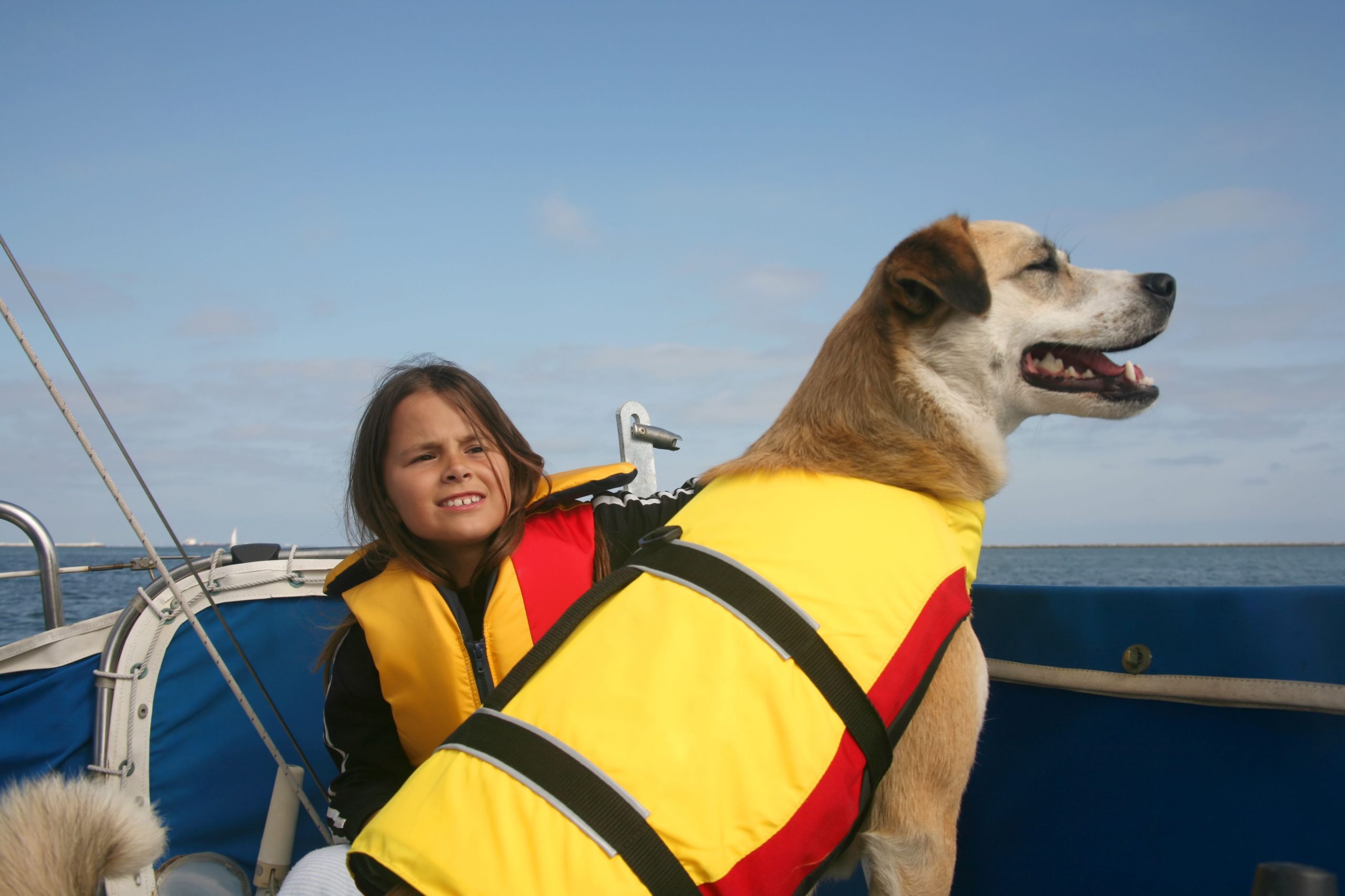 Dog and girl in lifejackets