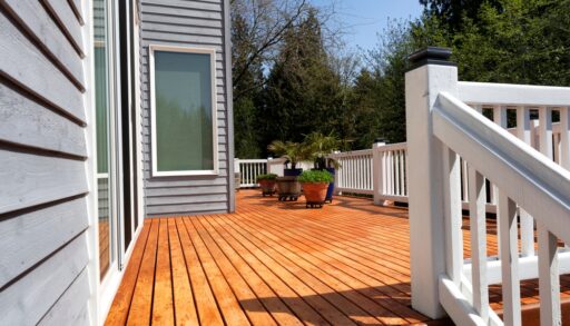 Wooden deck with a white railing attached to a blue house.