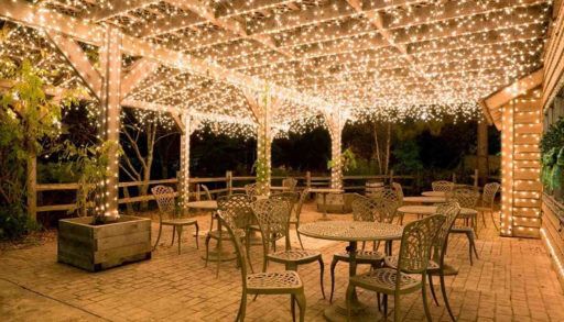 Many fairy lights over a patio