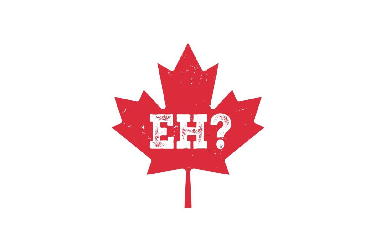 Red maple leaf that has the word "Eh" written inside it.