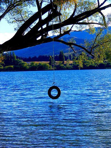 Tire rope swing over lake