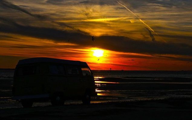 Sunset over VW van.