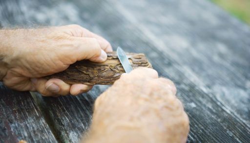 Person beginning to whittle a piece of tree bark.
