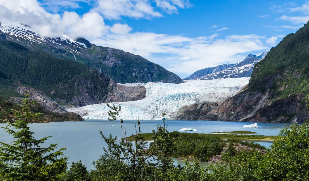 Alaska glacier surrounded by a forest landscape.