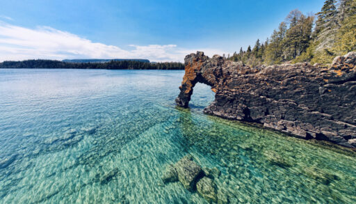 A unique rock formation by body of water in Sleeping Giant Provincial Park.