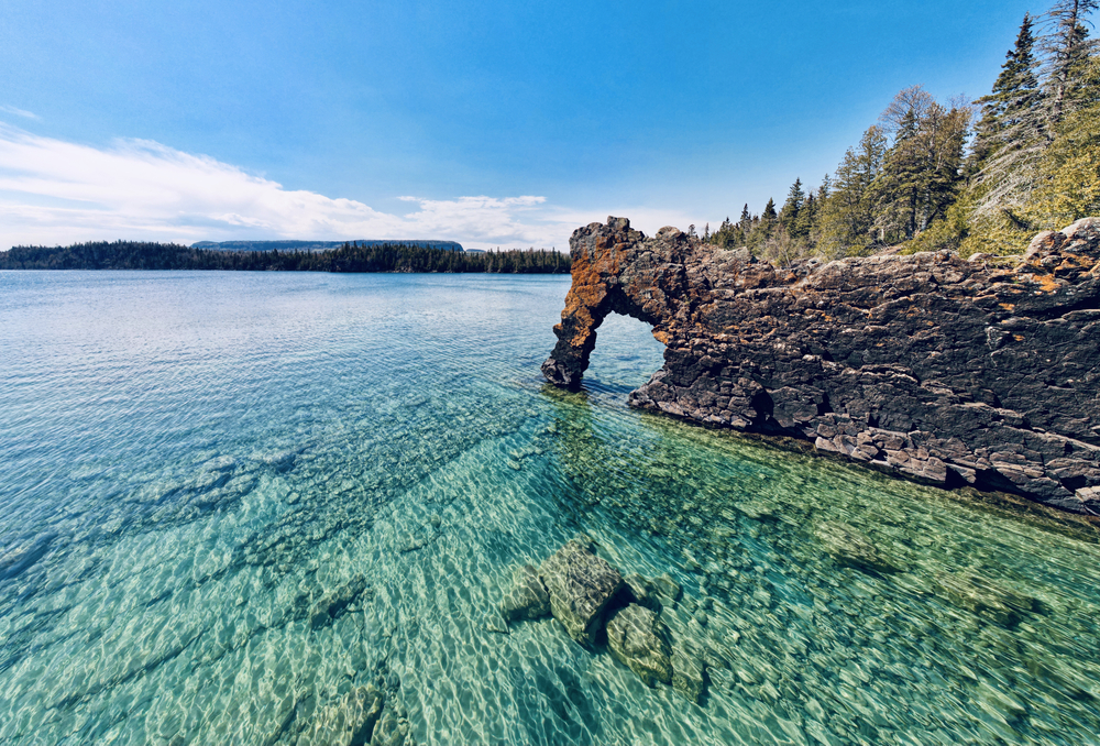 A unique rock formation by body of water in Sleeping Giant Provincial Park.