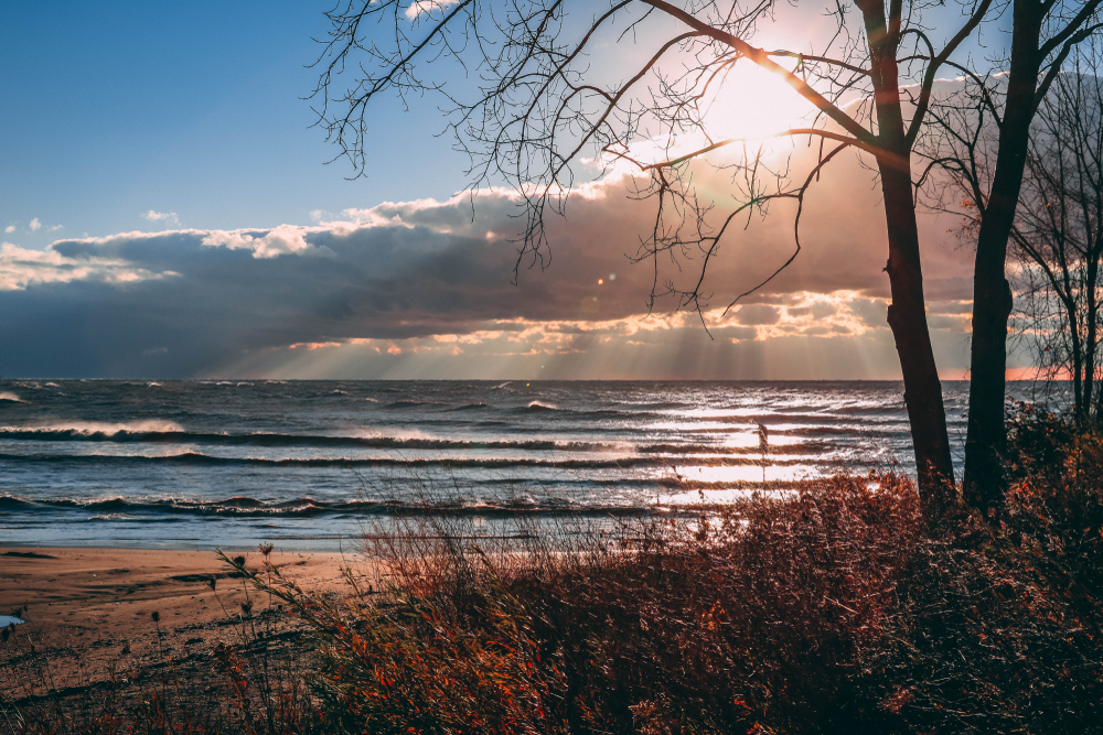 View from the shore of Lake Erie at sunset.