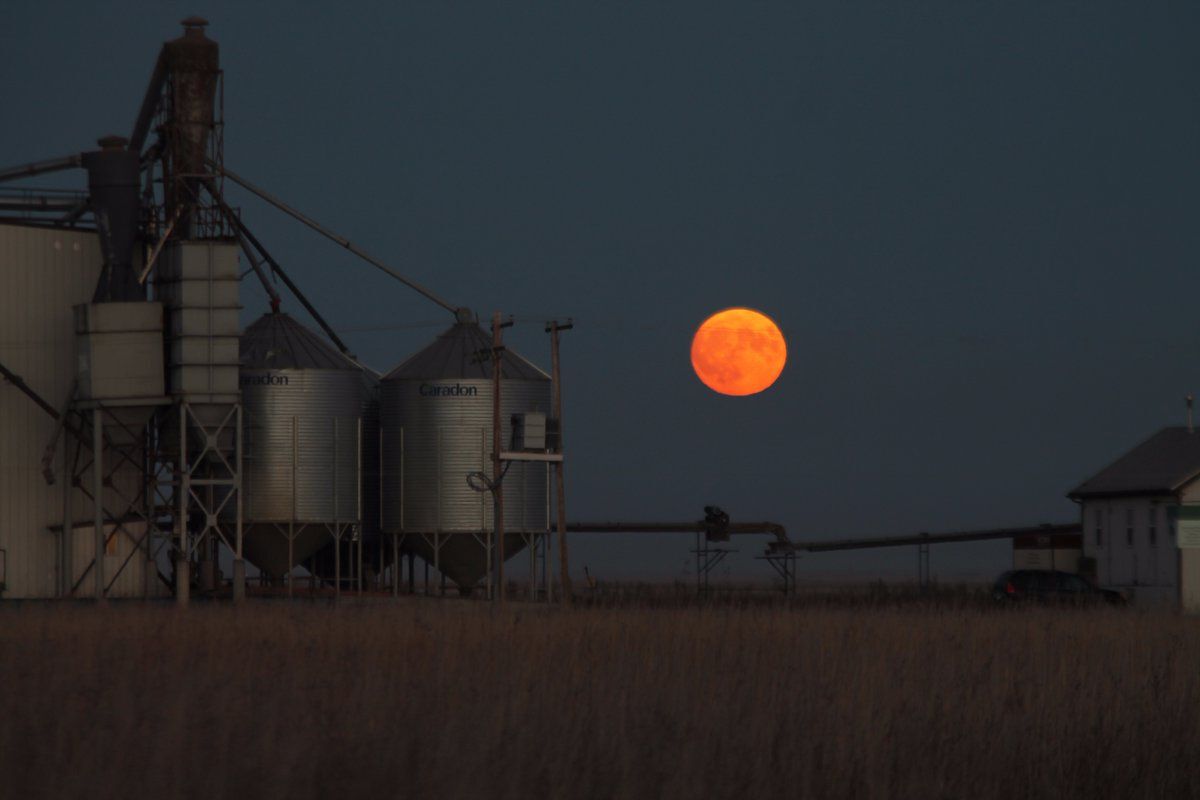 Orange moon over grain silo