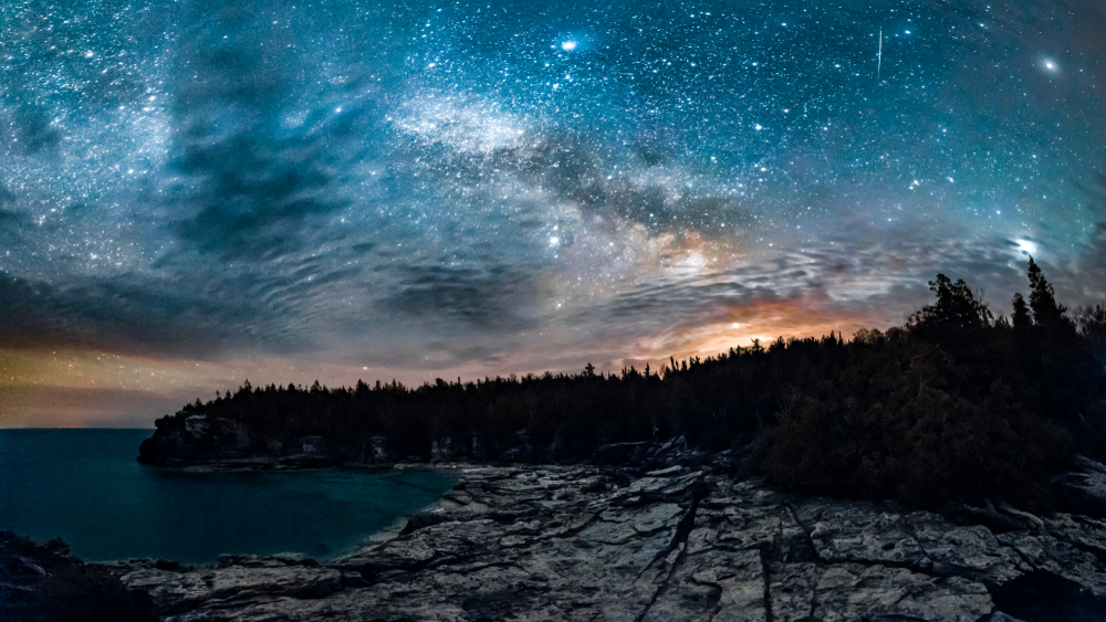 Starry night sky with silhouetted trees in Bruce Peninsula National Park, Ontario, Canada.