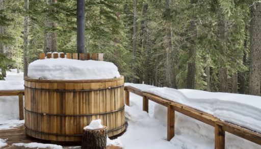 Wooden hot tub outside covered with snow in the winter.