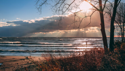 View of Lake Erie at sunset from the shoreline.