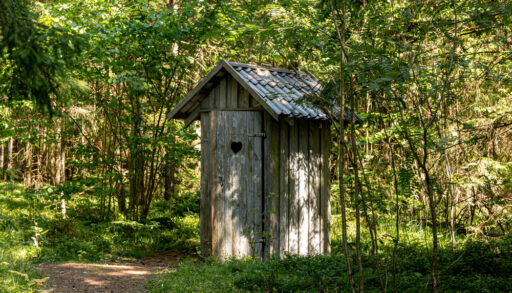 Old wooden toilet in the woods. Outhouse in the wood.
