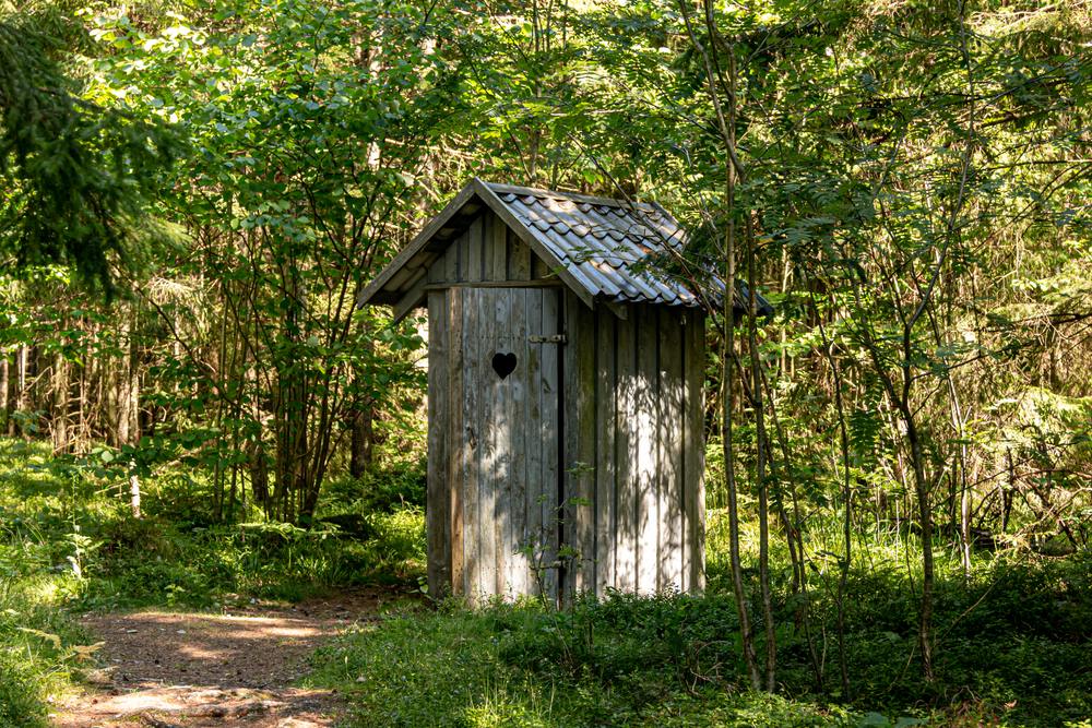 Old wooden toilet in the woods. Outhouse in the wood.