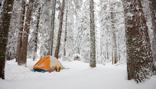 Orange tent set up in a forest in the winter for camping.