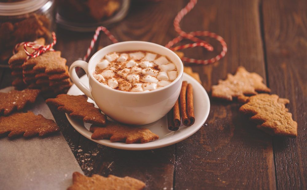 hot cocoa next to a plaid blanket