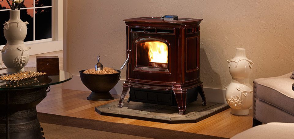 Dark red pellet stove