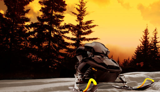 Parked snowmobile at sunset with a pine tree landscape.