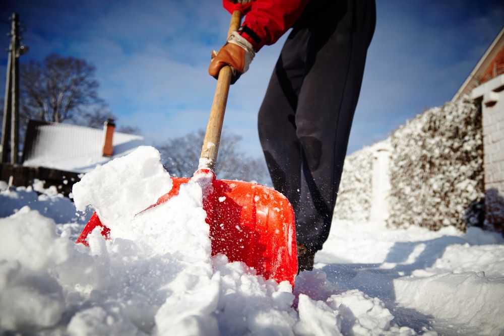 Person shovelling snow with a red shovel.