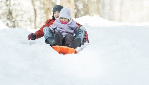 Two siblings tobogganing down a snowy hill.