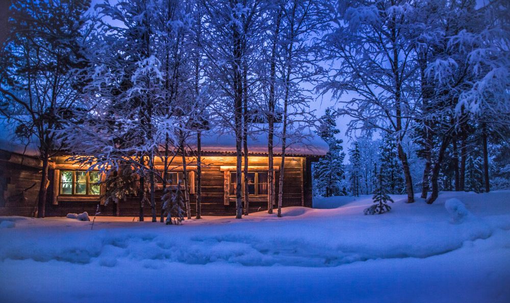 Lit up cozy winter cabin in the woods at dusk.