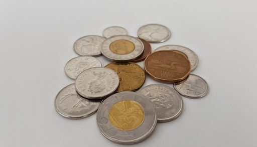 Canadian coins in a pile.
