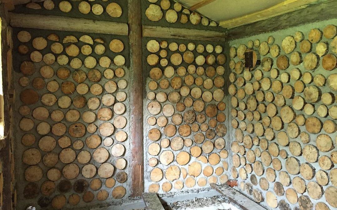 Cordwood walls from interior of cabin