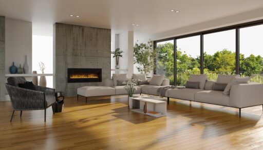 Modern living room with a modern fireplace.