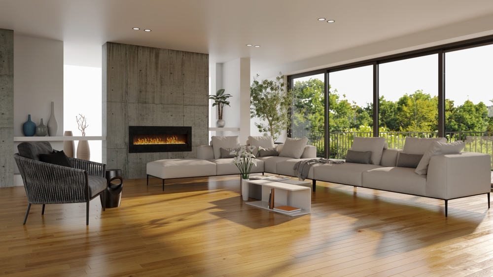 Modern living room with a modern fireplace.