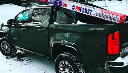 Pabst's 99-can case of beer in the back of a truck