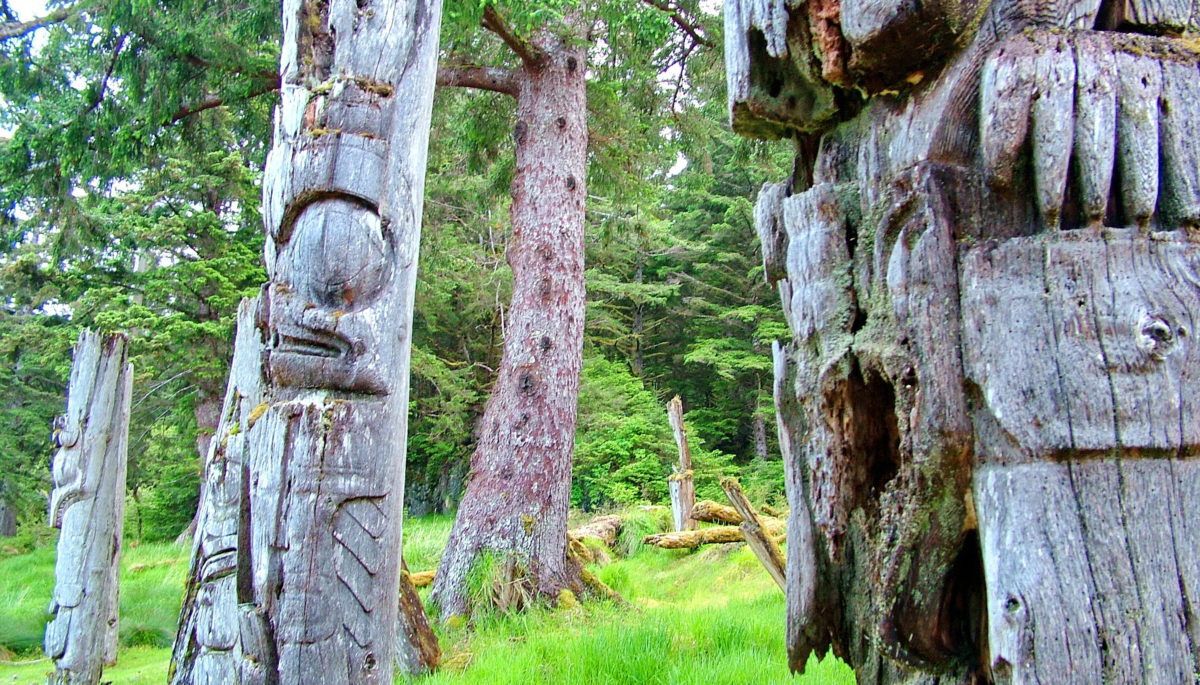 Historic totem poles in Haida Gwaii, B.C.