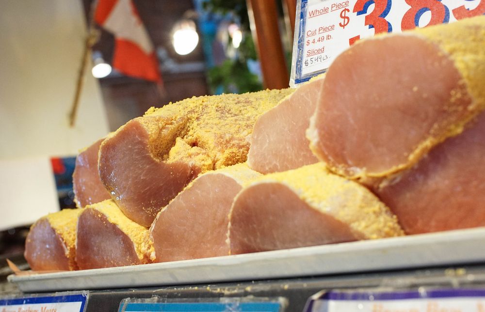Peameal bacon at a farmer's market