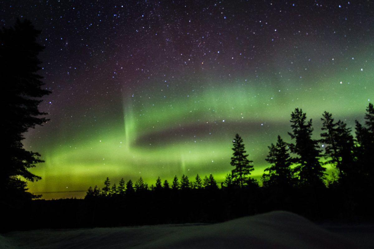 Green northern lights illuminate the night sky