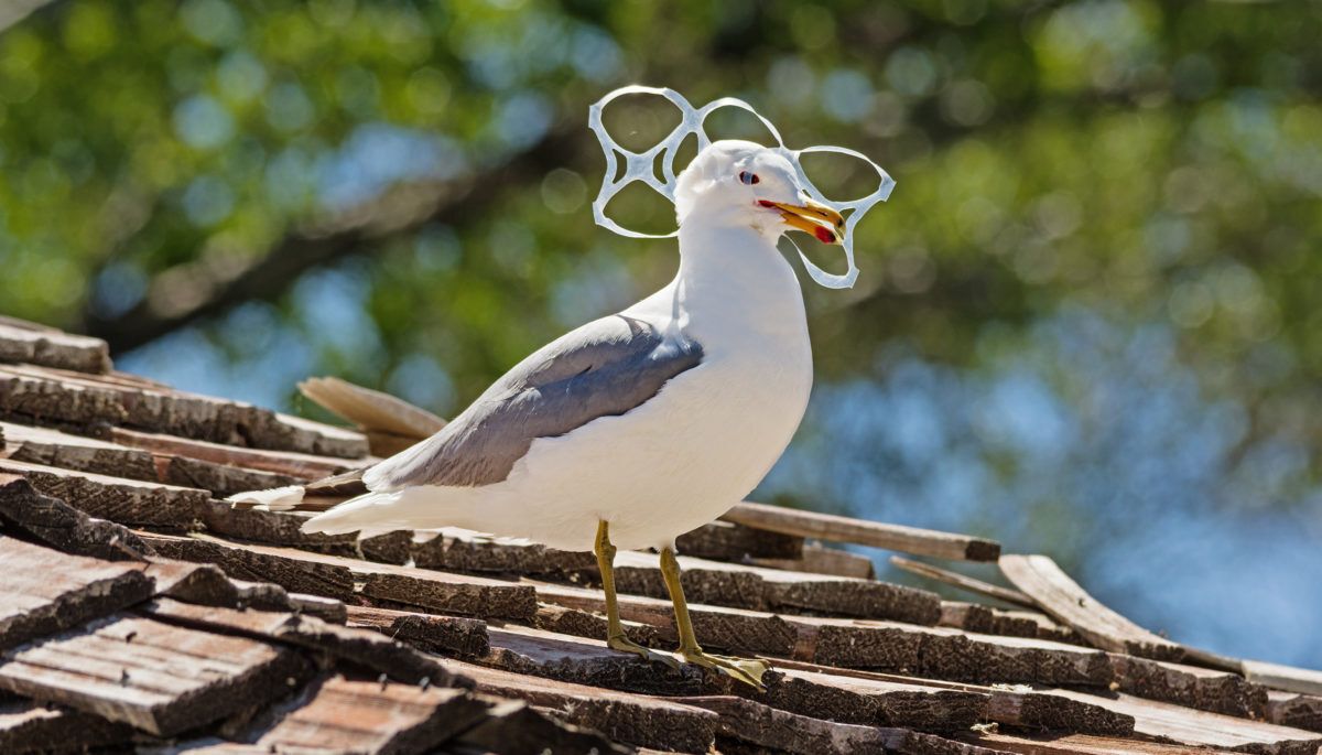 A seagull with its head caught in a six-pack holder