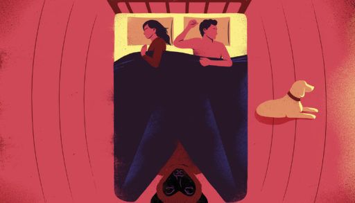 an illustration of people in bed with a dog on the floor and a bat