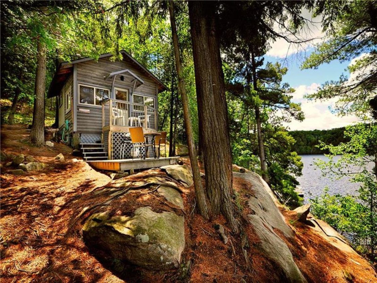 A cottage on an island by the water.