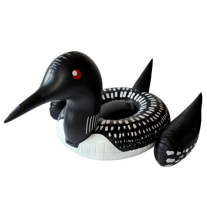 An inflatable pool float in the shape of a loon
