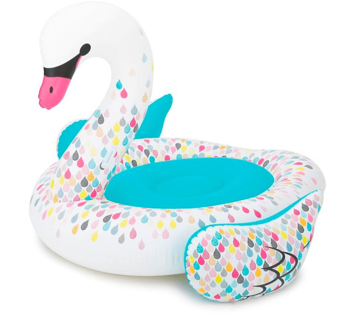 A white swan-shaped pool float with multi-coloured dots