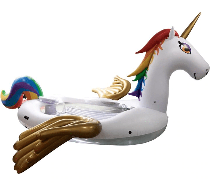 An inflatable pool float in the shape of a unicorn