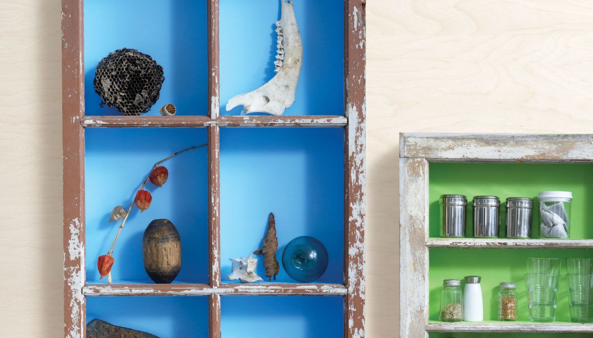 Larger blue shadow box beside smaller green shadow box