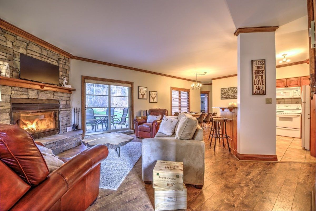Kitchen and living room in ski chalet